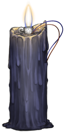 The Black Candle mark: a dark indigo candle, its wick replaced by a wired connector, burning with a pale flame.